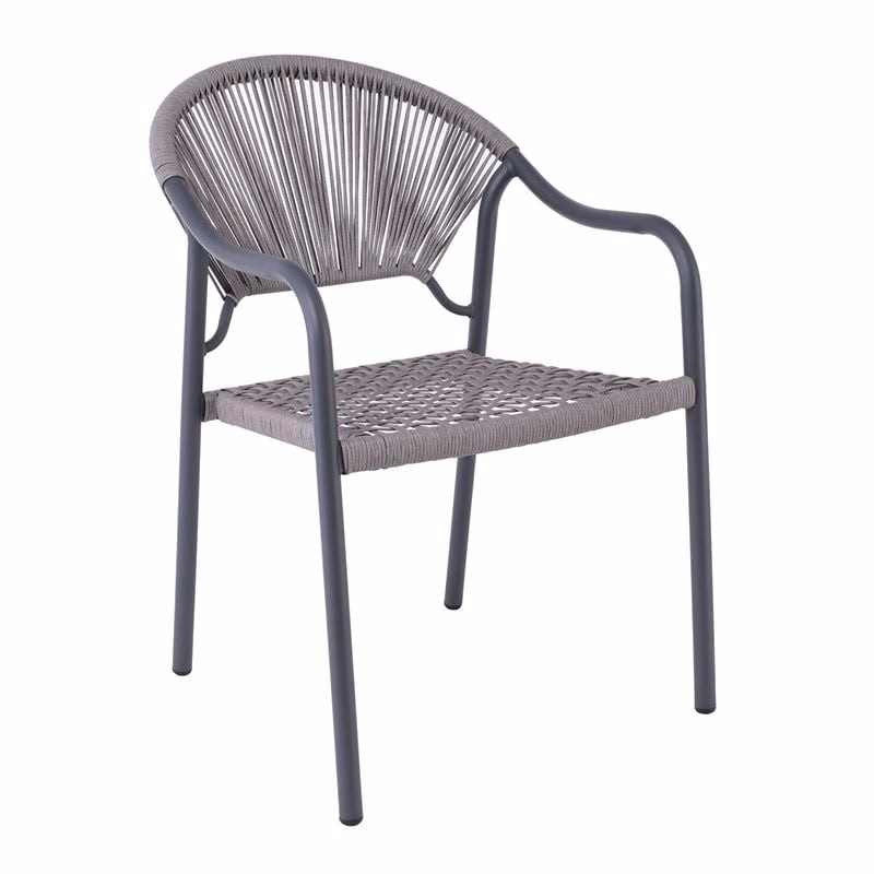 POLIS Πολυθρόνα Βεράντας-Κήπου Μέταλλο Βαφή Ανθρακί, Rope Wicker Γκρι, Στοιβαζόμενη