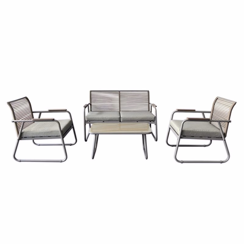 ROCCO Set Σαλόνι Κήπου 4τεμ, Μέταλλο Μπεζ, Rope Wicker Μπεζ, Μαξιλ.Μπεζ, Γυαλί Μπεζ