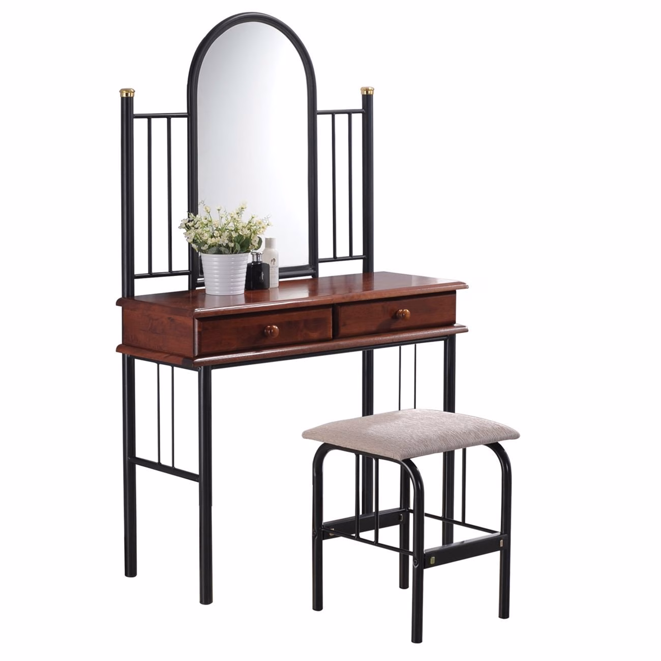 FLORA Dressing Table Set Metal Black/Wood Walnut - Image 2
