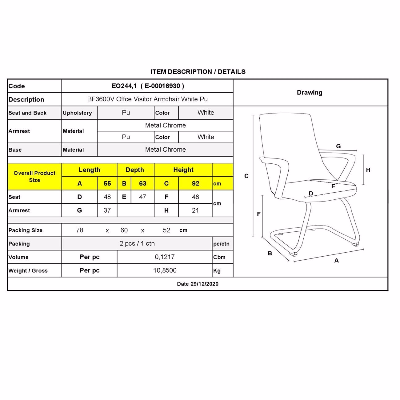 BF3600V Offce Visitor Armchair White Pu - Image 3