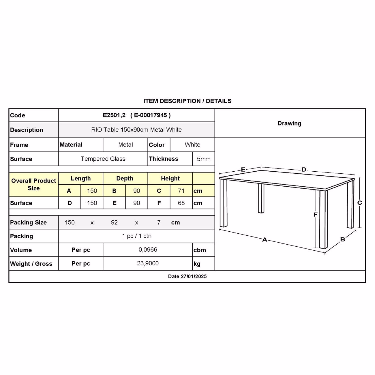 RIO Table 150x90cm Metal White - Image 3