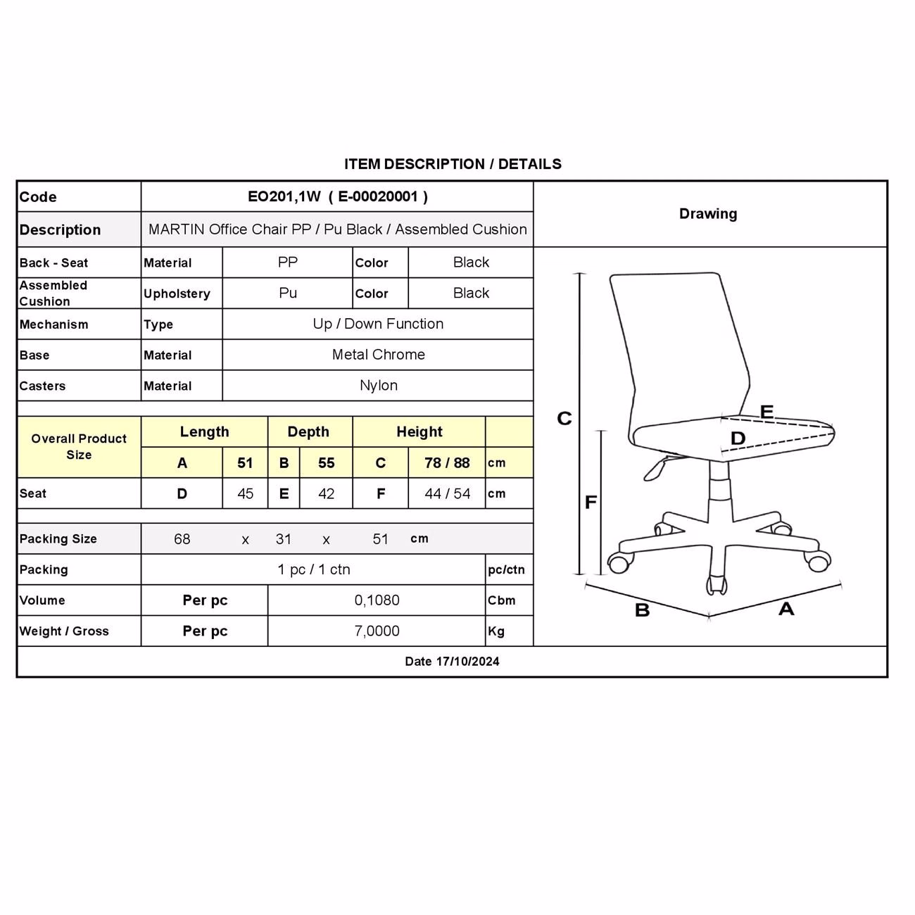 MARTIN Office Chair PP/Pu Black (assembled cushion) - Image 3