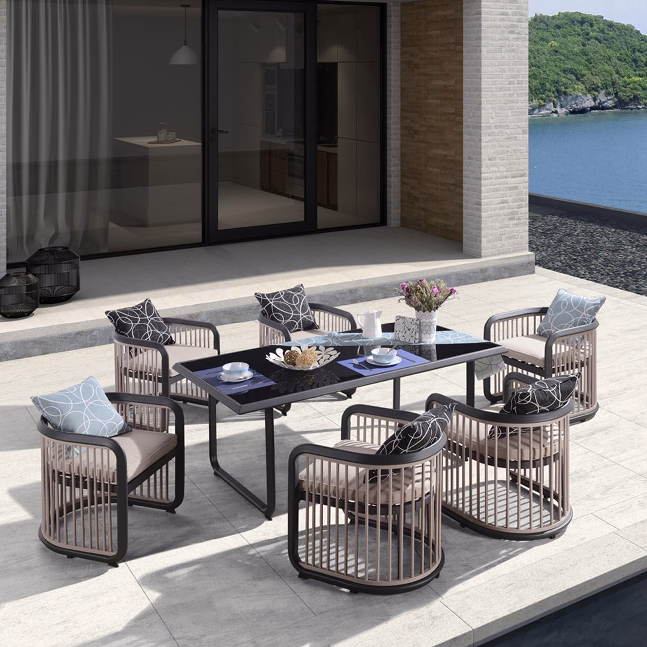 CITY Dining Set (Table 180x90cm+6 Armchairs) Alu Anthracite/Beige - Image 2