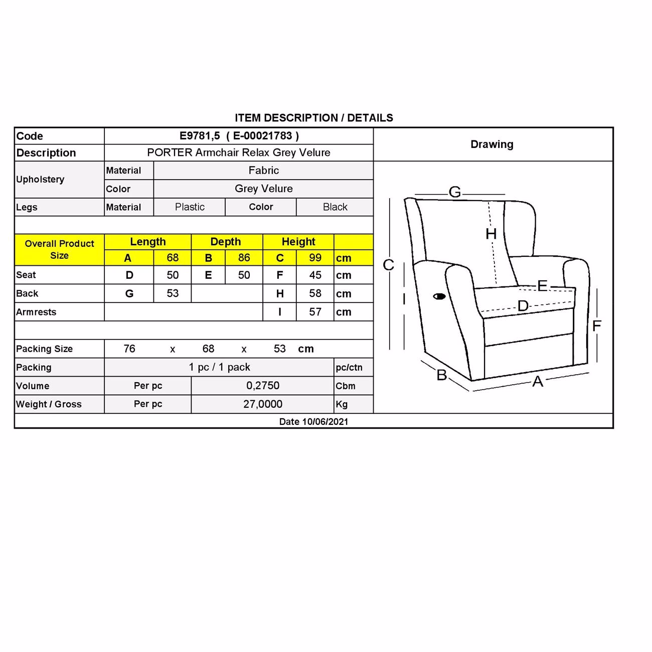 PORTER Armchair Relax Grey Velure - Image 4