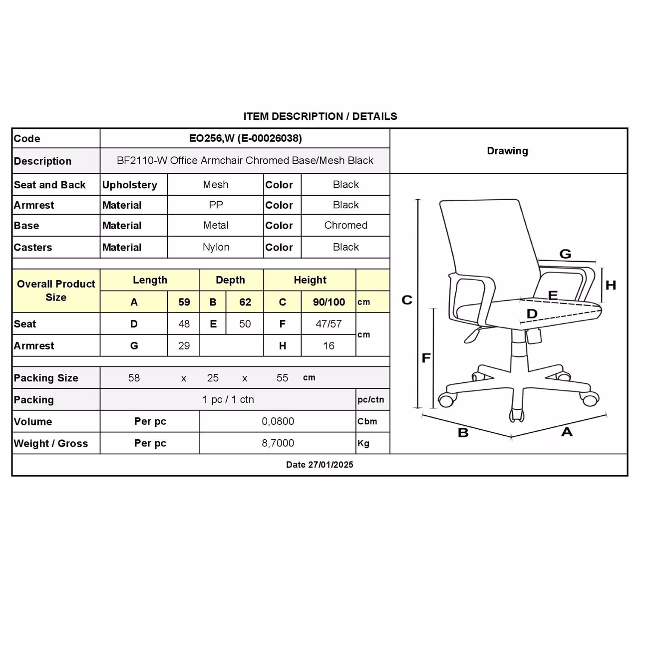 BF2110-W Office Armchair Chromed Base/Mesh Black - Image 3