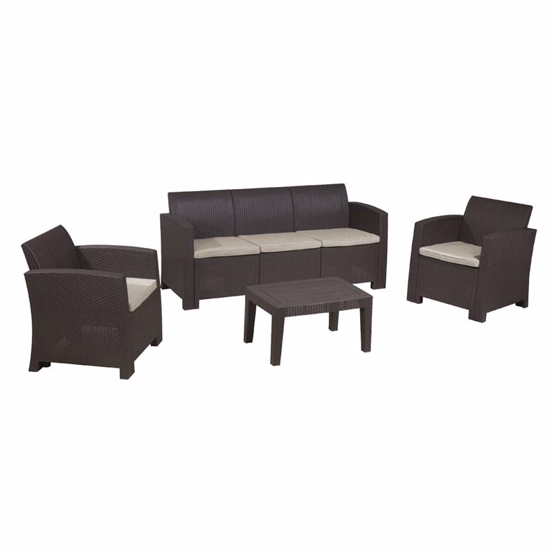 SAVANNA Set K/D (Table+3-Seat Sofa+2 Armchairs) PP-UV Brown/Cushions Grey-White